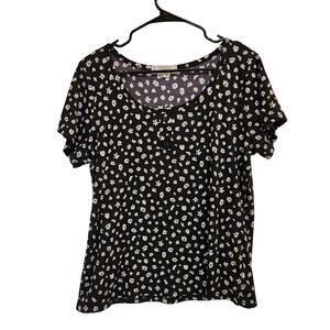 No Comment Black White Daisy Floral Knit Short Sleeve Crewneck Henley T-Shirt 1X